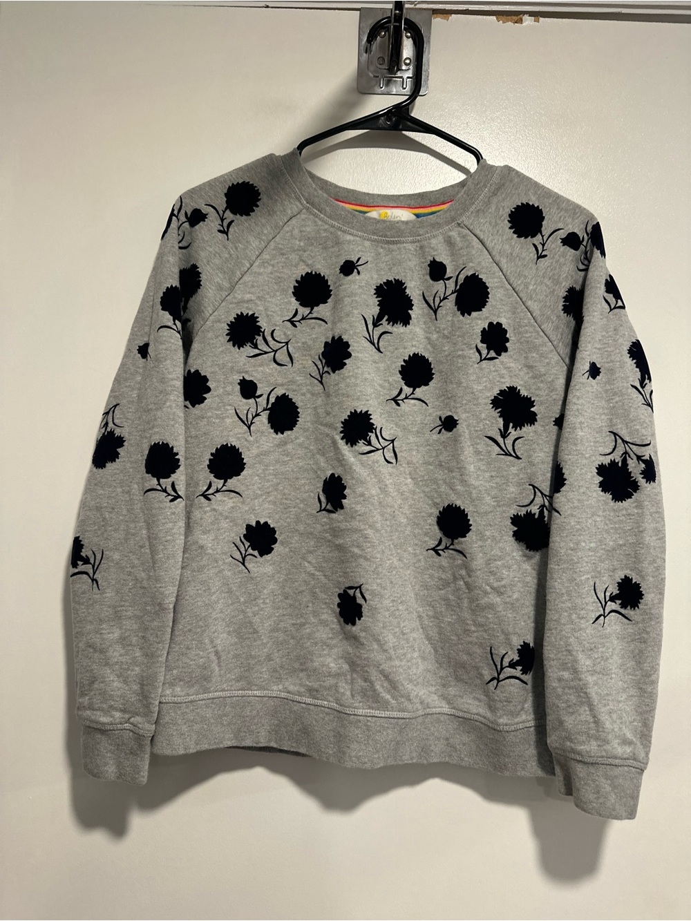 NWOT Boden Grey Marle Sweatshirt Sz:S black flocked velvet floral AOP pattern.